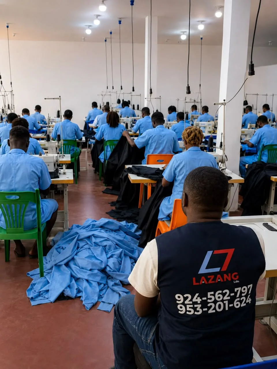 Linha de costura industrial da fábrica Lazang no Zango 0, Luanda, com costureiros a confeccionar uniformes